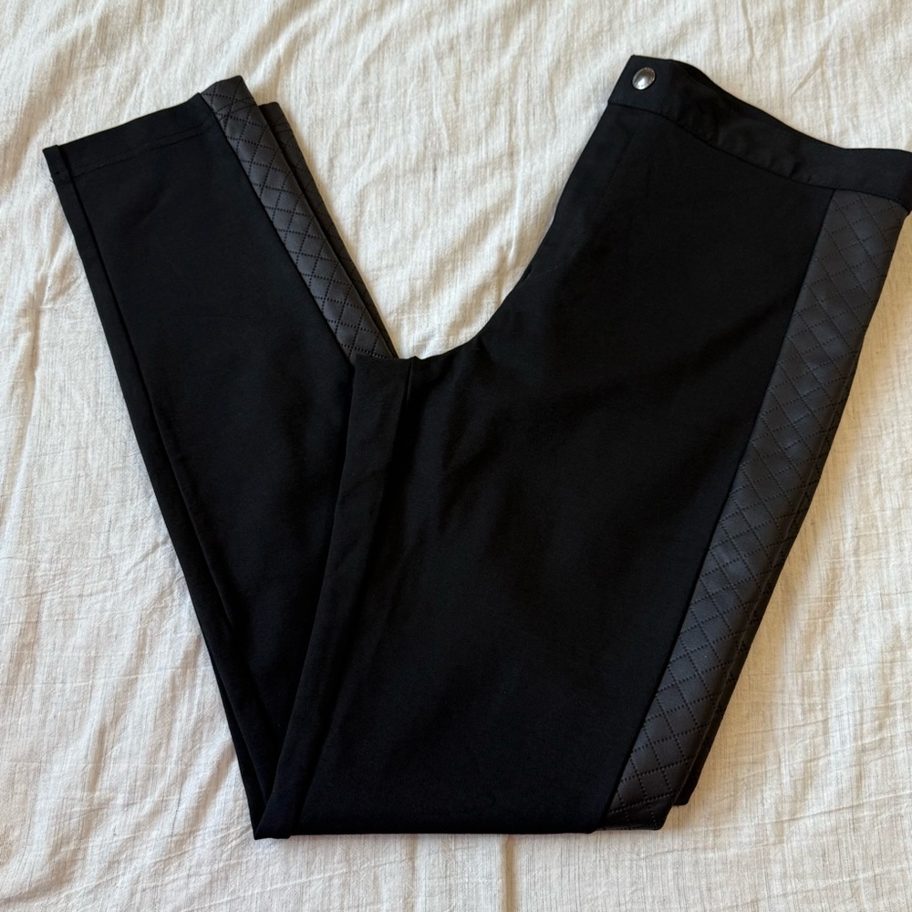 Banana Republic Black Ponte Leggings w/Faux Leather Side Stripe Size 10‎